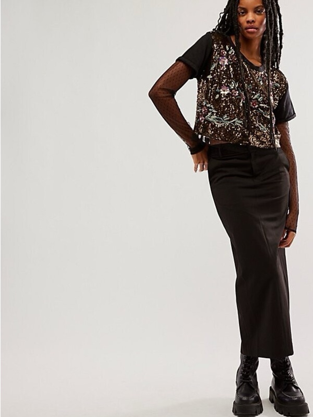 Free People Life Of The Party Black Sequin Floral Short Sleeve Tee